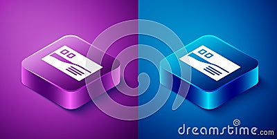 Isometric Postcard travel icon isolated on blue and purple background. Square button. Vector Vector Illustration