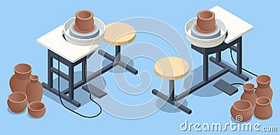 Isometric Pottery workshop. Potter's wheel. Pottery studio, pottery hobby. Handcrafted earthenware. Vector Illustration