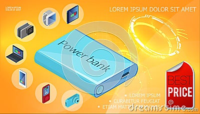 Isometric Power Bank Charging Device Template Vector Illustration