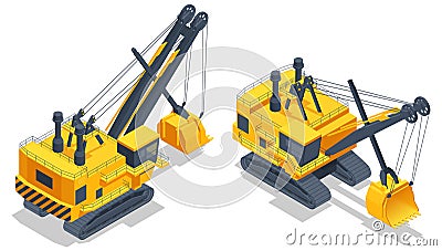 Isometric power shovel is a bucket-equipped machine, usually electrically powered, used for digging and loading earth or Vector Illustration