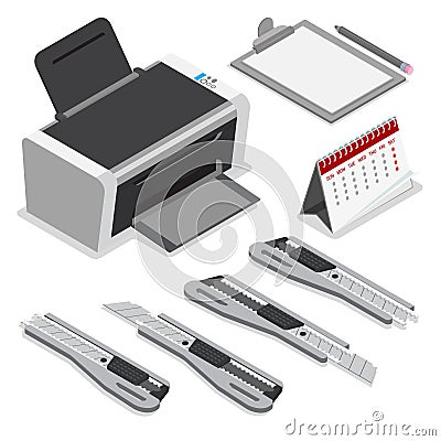 Isometric printer clipboard calendar knife vector Vector Illustration