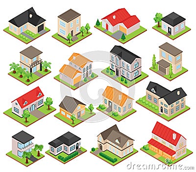 Isometric Private House Set Vector Illustration