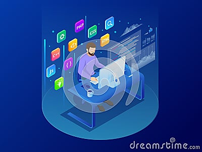 Isometric programmer coding new project sitting on computer with command line web development, programming concept Vector Illustration