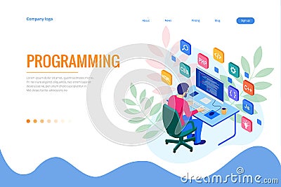 Isometric programmer coding new project. Web developer, programming concept. Landing page or mobile website development Vector Illustration