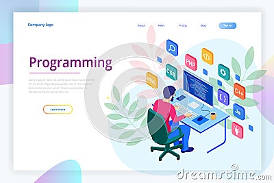 Isometric programmer coding new project. Web developer, programming concept. Landing page or mobile website development Vector Illustration