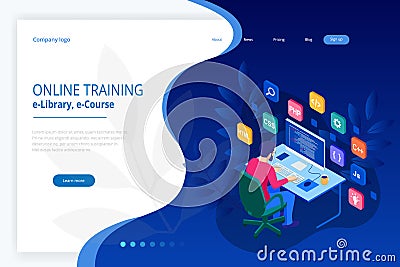 Isometric programmer coding new project. Web developer, programming concept. Landing page or mobile website development Vector Illustration