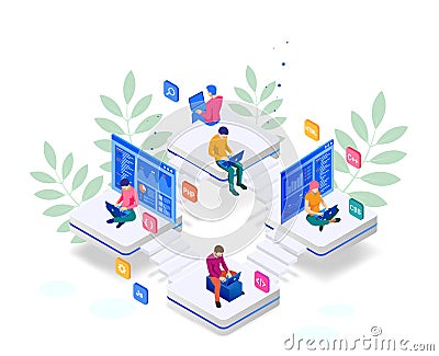 Isometric programmer coding new project. Web Development and Programming Skills for website. WEB Banner illustration Vector Illustration