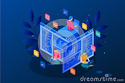 Isometric programmer coding new project. Web Development and Programming Skills for website. WEB Banner illustration Vector Illustration