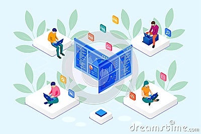 Isometric programmer coding new project. Web Development and Programming Skills for website. WEB Banner illustration Vector Illustration