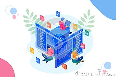 Isometric programmer coding new project. Web Development and Programming Skills for website. WEB Banner illustration Vector Illustration