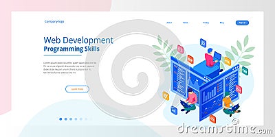 Isometric programmer coding new project. Web Development and Programming Skills for website. WEB Banner illustration Vector Illustration