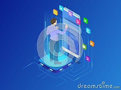 Isometric programmer working in a software develop company office. Developing programming and coding technologies Vector Illustration