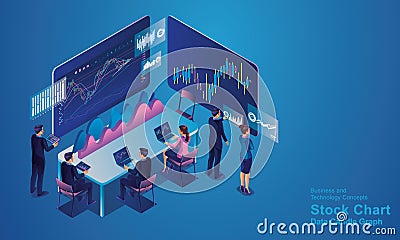 Isometric programmer working in a software development company office or Businessman Trading Stocks. The stock trader is looking a Vector Illustration