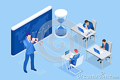 Isometric Project deadline. Time management on the road to success. Deadline Concept of overworked man Time to work Time Vector Illustration