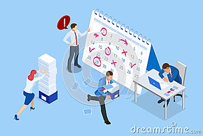 Isometric Project deadline. Time management on the road to success. Deadline Concept of overworked man Time to work Time Vector Illustration