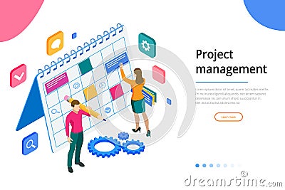 Isometric Project manager updating tasks and milestones progress planning. Weekly schedule and calendar planner Vector Illustration