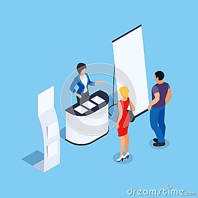 Isometric promotional booth with promoter. Vector Illustration