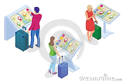 Isometric Promotional Interactive Information Kiosk, Advertising Display, Terminal Stand, Touch Screen Display Vector Illustration