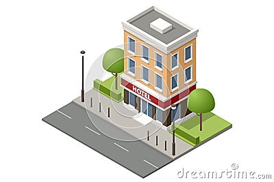 Isometric public hotel building exterior. Online booking service. Accommodation rent, travel planning. Room reservation. Vector Illustration