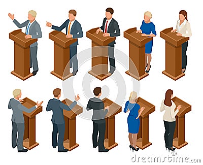 Isometric public orator speaking from tribune. Business manager making public presentation speech at tribune with Vector Illustration