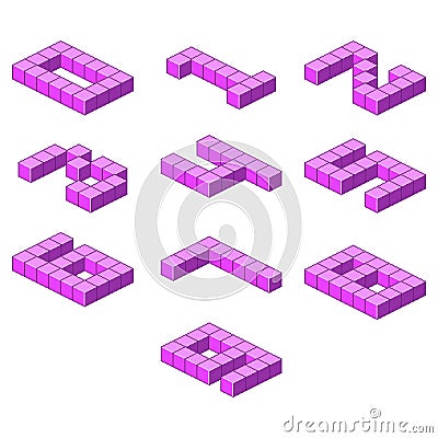 Isometric purple font from the cubes. Numbers Vector Illustration