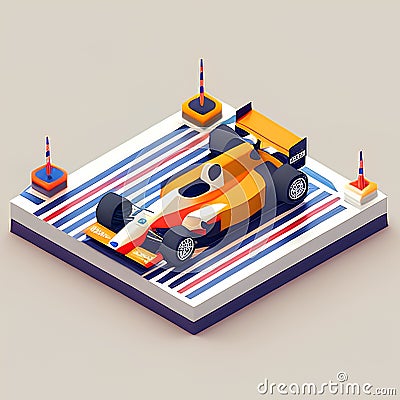 Isometric racing car on the track. 3d vector illustration. Cartoon Illustration