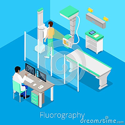 Isometric Radiology Fluorography Procedure with Medical Equipment and Patient Vector Illustration