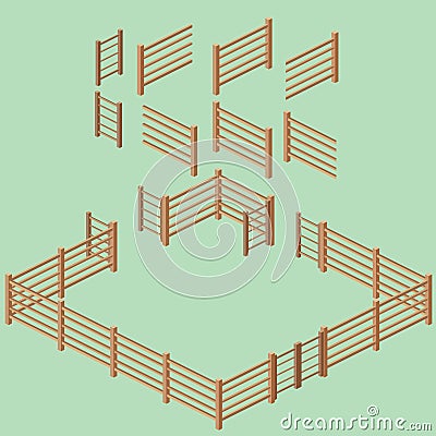 Isometric Rail Fence Building Kit Vector Illustration