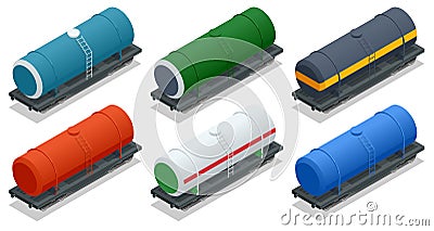 Isometric Rail Oil Gasoline Tanker Car. Cargo Freight Forwarding Transport. Railway tank for fuel. Rail freight Vector Illustration