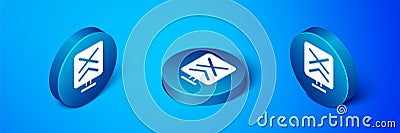 Isometric Railroad crossing icon isolated on blue background. Railway sign. Blue circle button. Vector Stock Photo