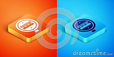Isometric Railroad crossing icon isolated on orange and blue background. Railway sign. Vector Vector Illustration