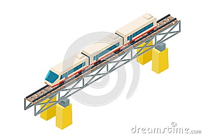 Isometric railroad train on railway rails on piles flat design vector illustration Vector Illustration