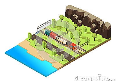 Isometric Railroad Transportation Concept Vector Illustration