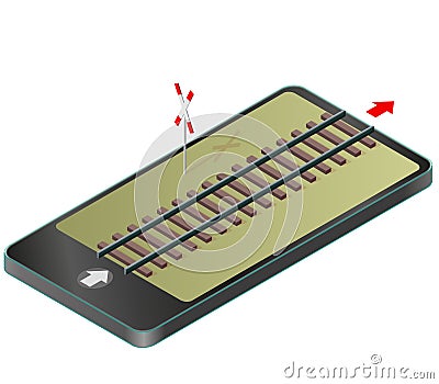 Isometric railway in mobile phone. Rail transportation in communication technologies, paraphrase. Vector Illustration