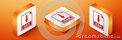 Isometric RAR file document icon. Download RAR button icon isolated on orange background. Orange square button. Vector Vector Illustration