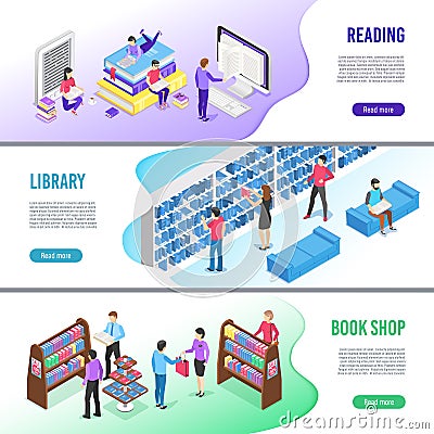 Isometric read book banner. Online library books with bookmark, reading ebook and research textbook vector banners Vector Illustration