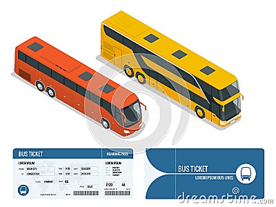 Isometric realistic bus and boarding pass ticket template design isolated on white background. Travel around the world Vector Illustration