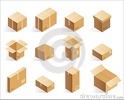 Isometric realistic cardboard delivery boxes. Opened, closed logistic box. Vector Illustration