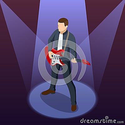 Isometric Realistic Electric Guitar. Man playing an electric guitar on a stage musical concert Vector Illustration