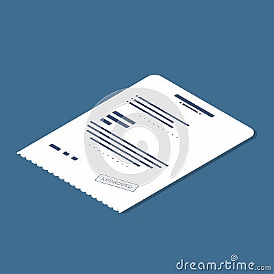 Isometric receipt icon. Accepted bill, invoice Vector Illustration