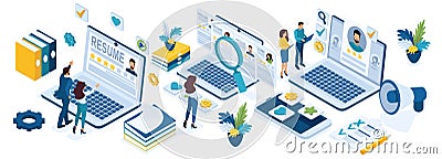 Isometric recruitment of business people, recruitment concept, HR managers, job seekers, resumes Vector Illustration