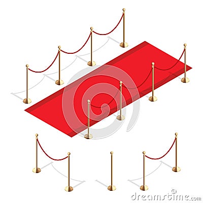 Isometric red event carpet and Barrier rope on a white background Vector Illustration