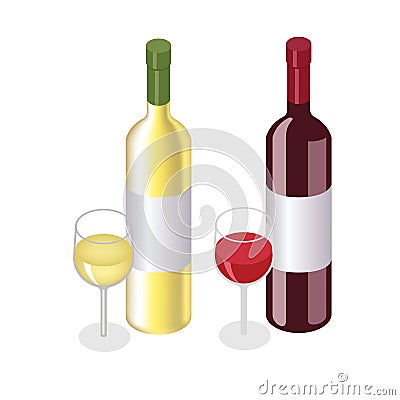 Isometric red and white wine bottles with glasses on white background Vector Illustration