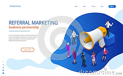 Isometric Referral marketing, network marketing, referral program strategy, referring friends, business partnership Vector Illustration