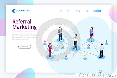 Isometric Referral marketing, network marketing, referral program strategy, referring friends, business partnership Vector Illustration