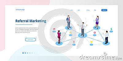 Isometric Referral marketing, network marketing, referral program strategy, referring friends, business partnership Vector Illustration