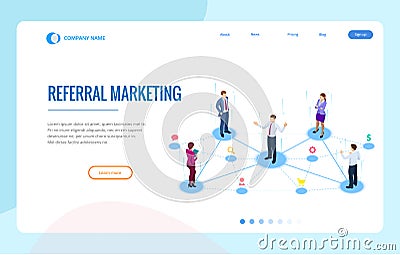 Isometric Referral marketing, network marketing, referral program strategy, referring friends, business partnership Vector Illustration