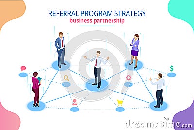 Isometric Referral marketing, network marketing, referral program strategy, referring friends, business partnership Vector Illustration