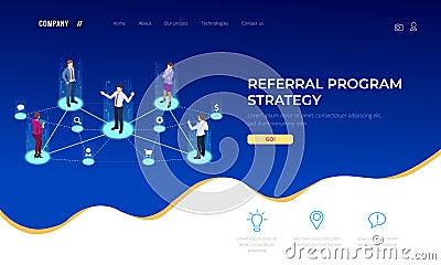 Isometric Referral marketing, network marketing, referral program strategy, referring friends, business partnership Vector Illustration