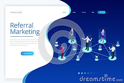 Isometric Referral marketing, network marketing, referral program strategy, referring friends, business partnership Vector Illustration